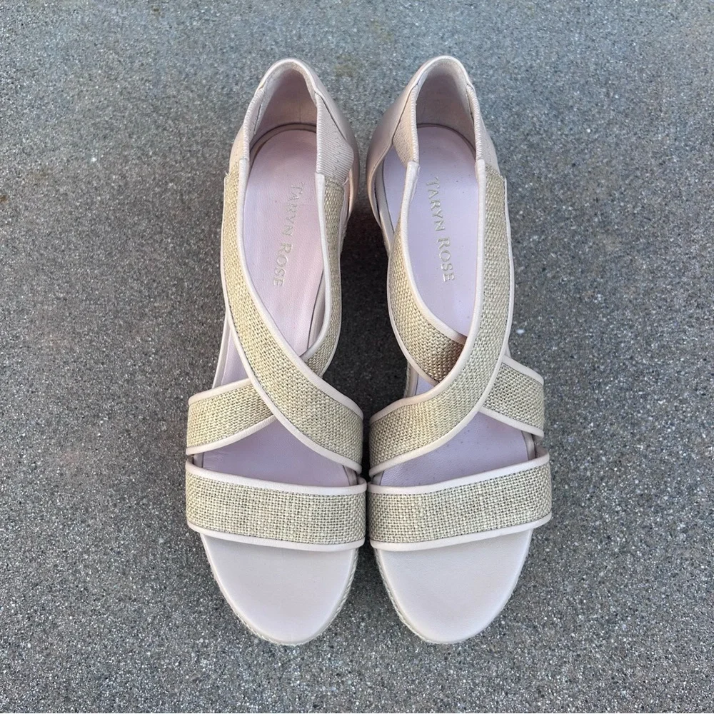 NEW $219~TARYN ROSE~KRISSY Linen/Leather Espadrille Platform Wedge Sandals~7/7.5